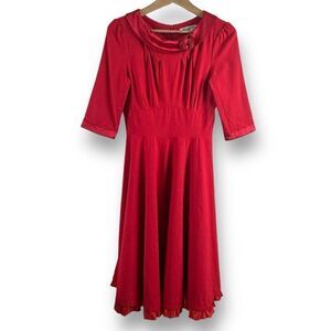 MUXXN Women's M Vintage 50s Inspired Red Midi‎ Dress Satin Cuff Rosette Cosplay